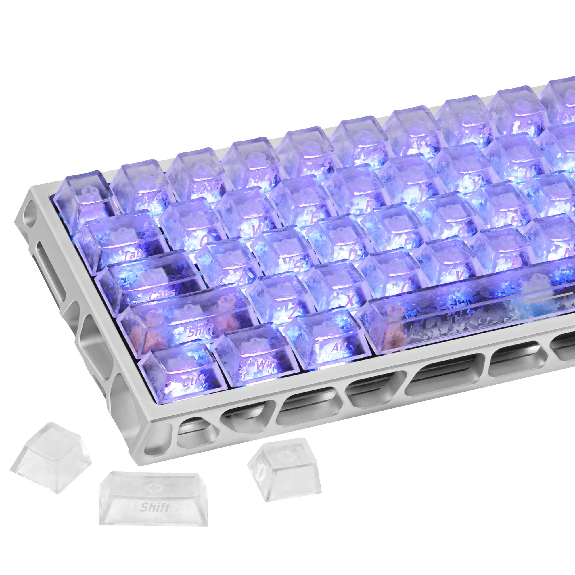 132 Keys White Jelly Ice Crack Keycaps, Cherry Profile Side Printed Transparent Crystal Keycaps, Custom MX Keycaps Fit 61 68 84 87 98 100 60% 65% 75% Full Size Mechanical Keyboard, Compatible with Cherry Gateron Switches