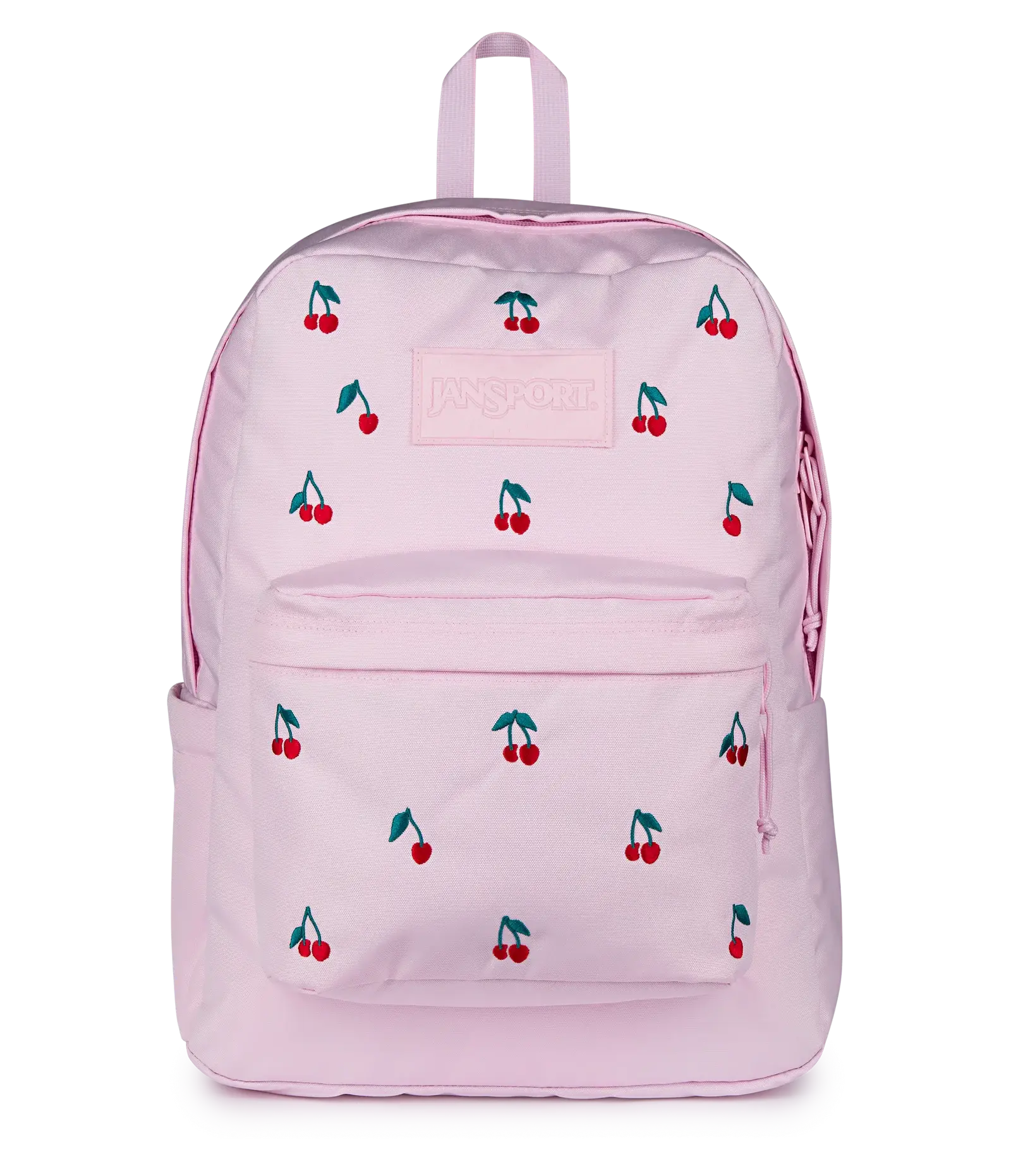 Jansport Pastel Pink Embroidered Cherry Print Backpack | Cute Preppy Large Capacity Lightweight School Bookbag for Teen Girls College Daily Travel Daypack