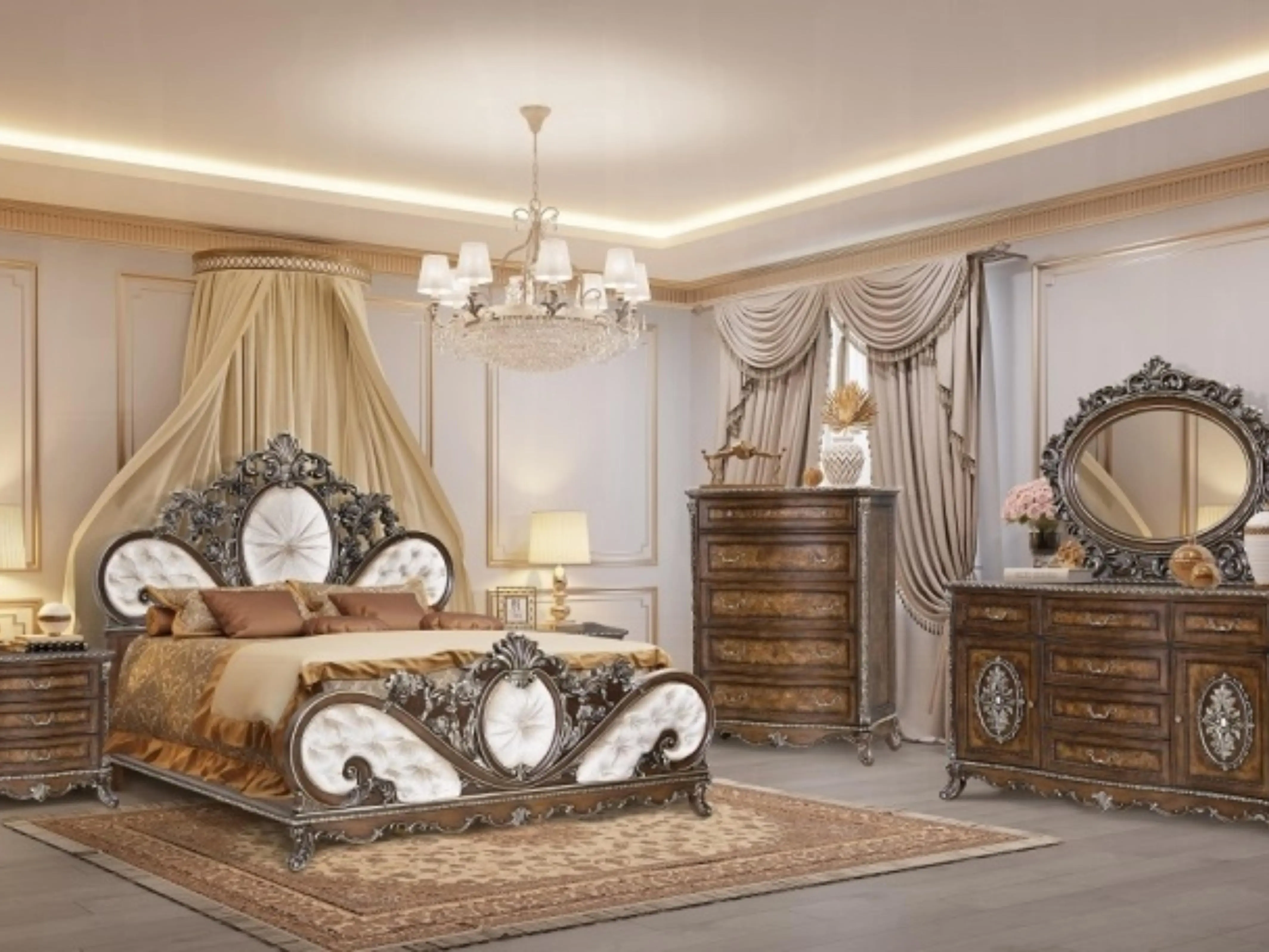 Acme BD03062Q-4PC Astoria Grand Devany Queen Size Bedroom Set - Wood, Ornate Carving Cream Fabric Headboard, Nightstand, Dresser, Mirror, Assembly Required, Bed:89"x66.75"x72.25"h, Dresser:72"x22"x40"h, Nightstand:32"x19"x30.25"h, Mirror:52.75"x3"x42.5"h