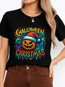 Halloween Christmas Black T-Shirt with Pumpkin Santa Design Festive Holiday Wear Personalized Short Sleeve Tee Unisex All Seasons Comfortable Breathable Made in USA Cotton Fabric Tshirt