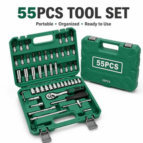 55Pcs Impact Socket Set, 1/4" & 1/2" Drive, SAE 3/8"-1-1/4" & Metric 10mm-24mm, 6-Point Durable Sockets with Clear Size Markings, Storage Case Included for Car Maintenance, No Battery