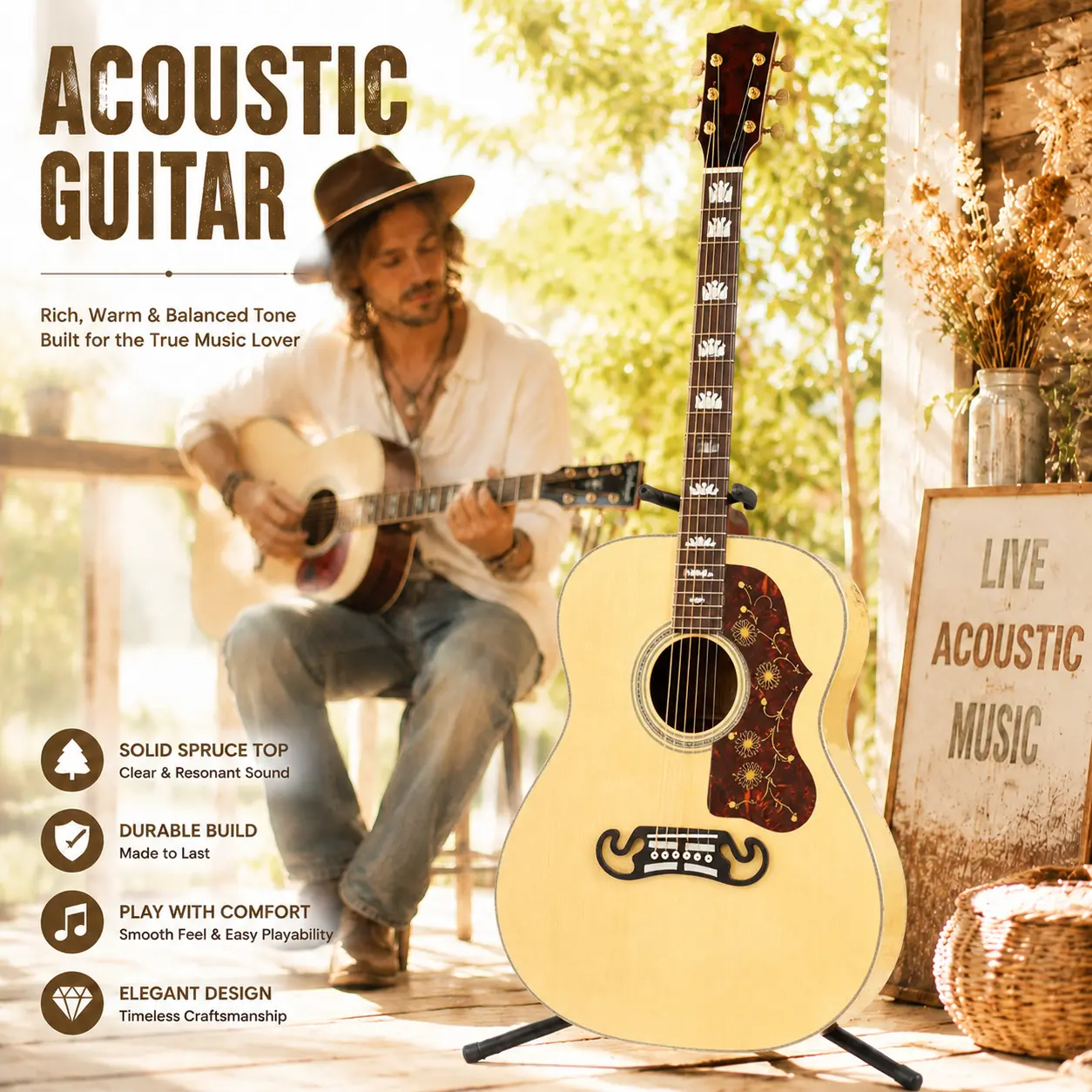 Acoustic guitar, spruce top, back panel, mahogany neck, rosewood fingerboard, 20 frets, 6 strings, box body, designed for singing and playing, glossy natural wood color, suitable for both men and women, folk guitar, stage performance, in stock j200