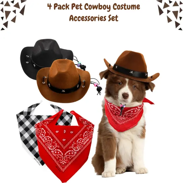 4 Pack Pet Cowboy Costume Set | 2 Cowboy Hats & 2 Bandana Scarves for Small Dogs & Cats | Western Pet Costume Accessories for Halloween, Christmas, Parties, Cosplay & Photoshoots