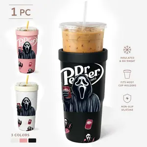 1 Pc 32oz Dr Pepper Horror Mask Theme Insulated Can Cooler, Double Wall, Leak Proof, Cold 24H, Hot 12H, No Sweat, Fits Most Cup Holders, Non Slip Silicone, Camping Must Have, Kitchen Essential, Holiday Gift, For Daily Use, BBQ, Party, Travel