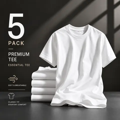 Men's 5-Pack Crew Round Neck Regular Top T-Shirts - Bulk Short Sleeve Lightweight Fabric Tees, White, Office, Everyday Wear, Year-Round (Decoration-Friendly)