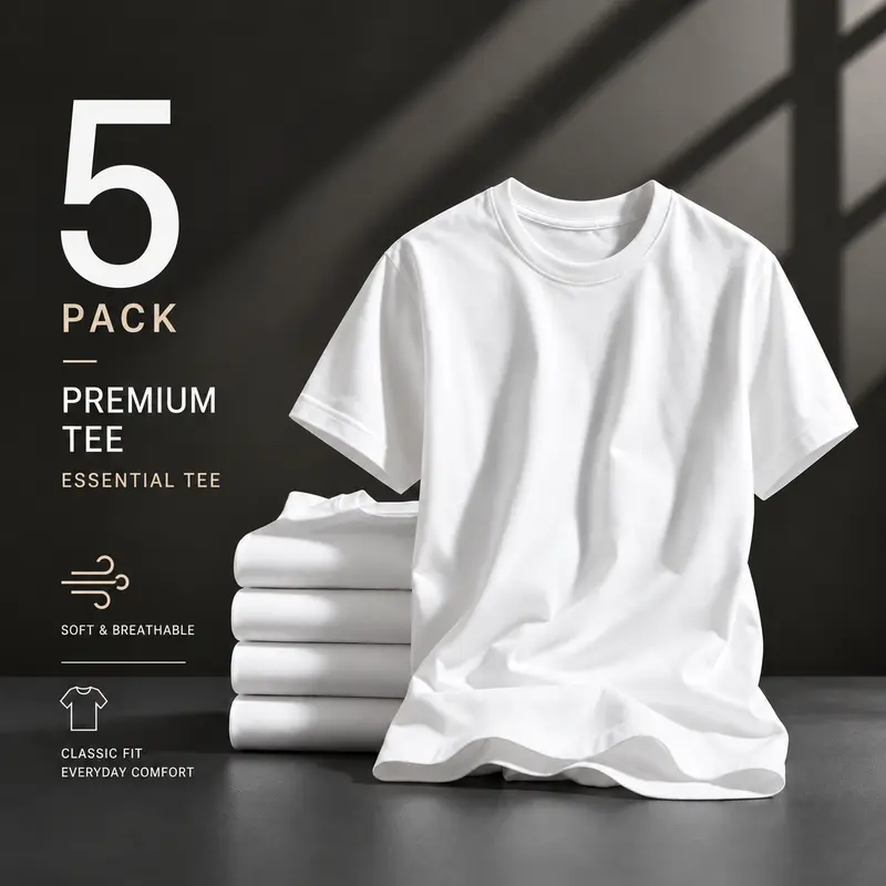 Men's 5-Pack Crew Round Neck Regular Top T-Shirts - Bulk Short Sleeve Lightweight Fabric Tees, White, Office, Everyday Wear, Year-Round (Decoration-Friendly)