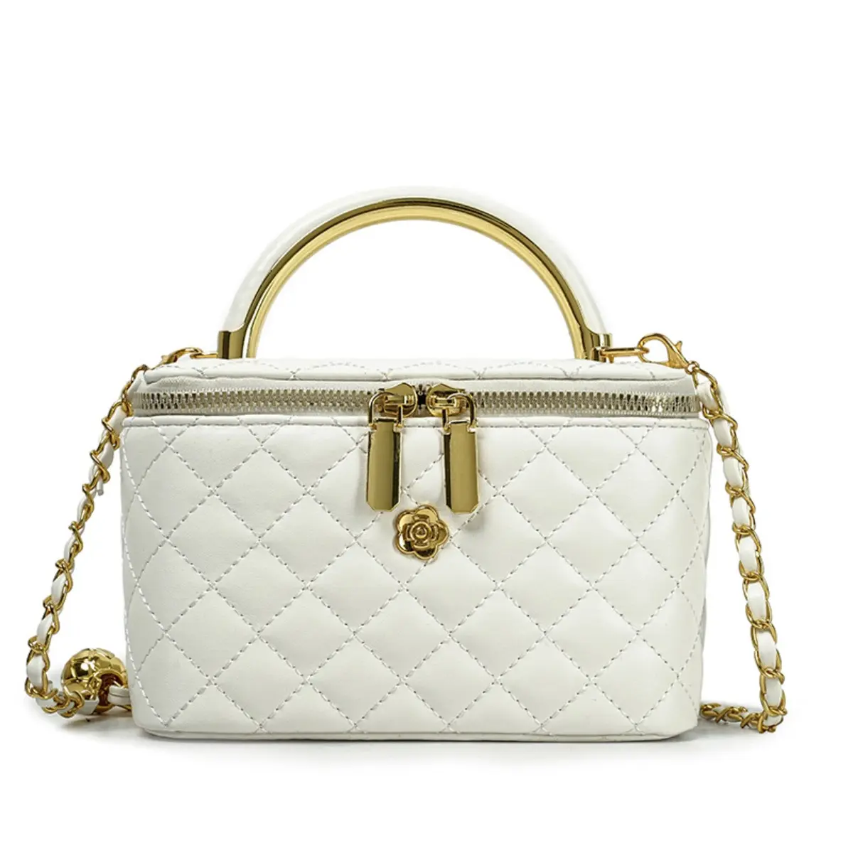 Black Quilted Box Crossbody Bag, Gold Hardware Camellia Decor Top‑Handle Chain Vanity Purse for Women