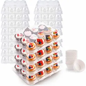 12 Pack Plastic Stackable Cupcake Containers, Standard Size Cupcake Boxes with Detachable Tall Dome Lids, BPA Free, Come with 144 Liners for 144 Cupcakes