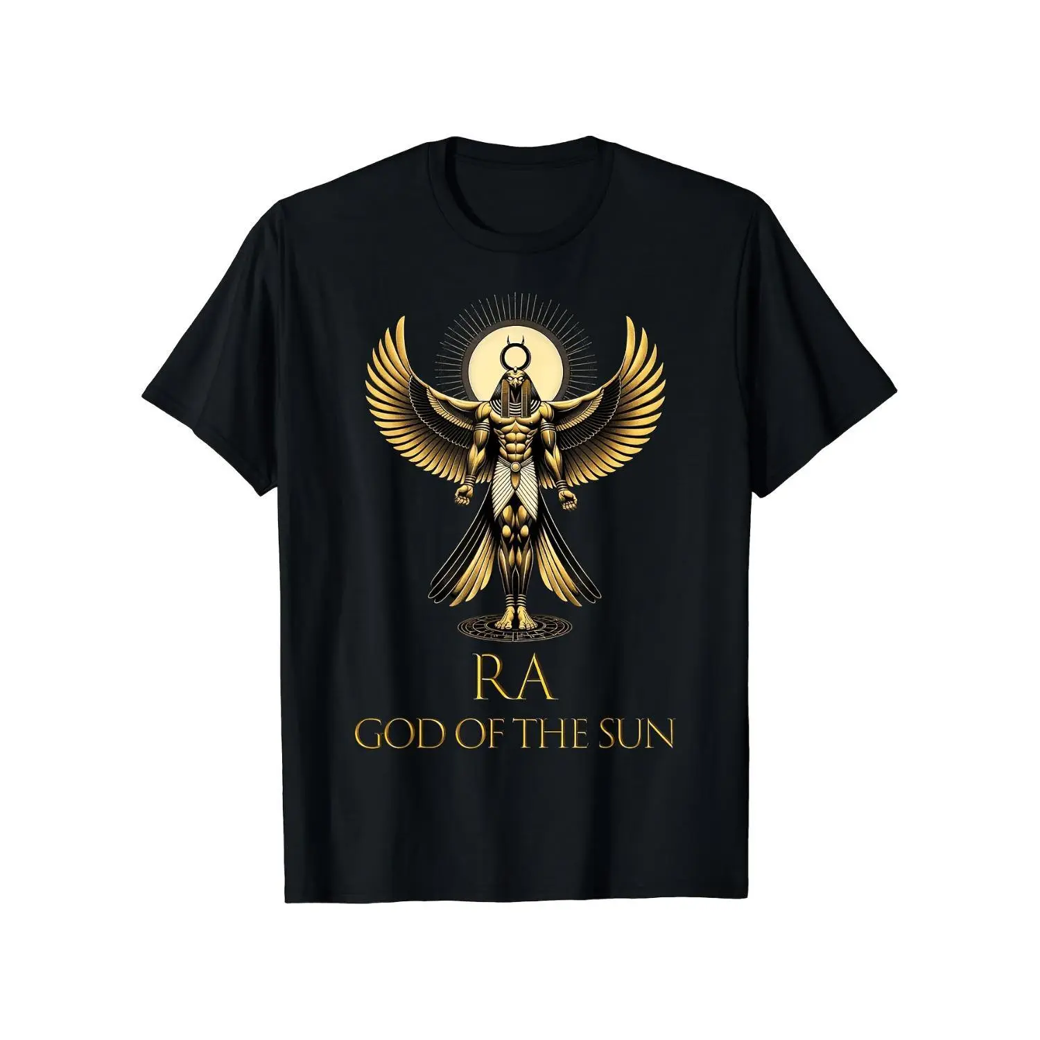 Men's Short-Sleeve Graphic T-Shirt - 180g Heavyweight Cotton Menswear Top, Black & Golden Ancient Egyptian Pharaoh Ra God Design with Horus Wings & Anubis Staff, Breathable All-Season Casual Outdoor Wear