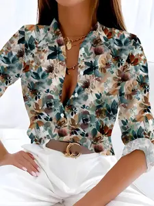 Women's All Over Print Collared Shirt, Collared Blouse, Casual Long Sleeve Top for Daily Wear, Ladies Clothes for All Seasons, Classy Tops, Fitted