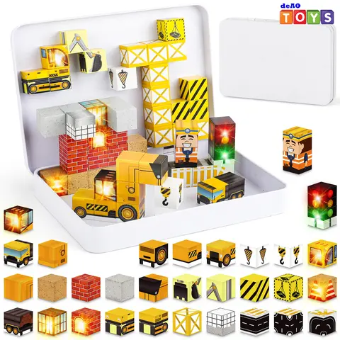 deAO 54PCS Magnetic Building Blocks, Light Up Construction Site Building Set with Metal Storage Tin, Factory & Engineering Magnetic Blocks, STEM Construction Set for Kids Ages 3+