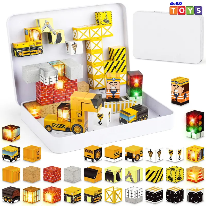 deAO 54PCS Magnetic Building Blocks, Light Up Construction Site Building Set with Metal Storage Tin, Factory & Engineering Magnetic Blocks, STEM Construction Set for Kids Ages 3+