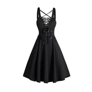 Women'sGothicCocktailDressLaceUpBuckleStrapCrisscrossPlungingNeckHighWaistedALineMiniDressPartySwingDressesBlackDresses2024New