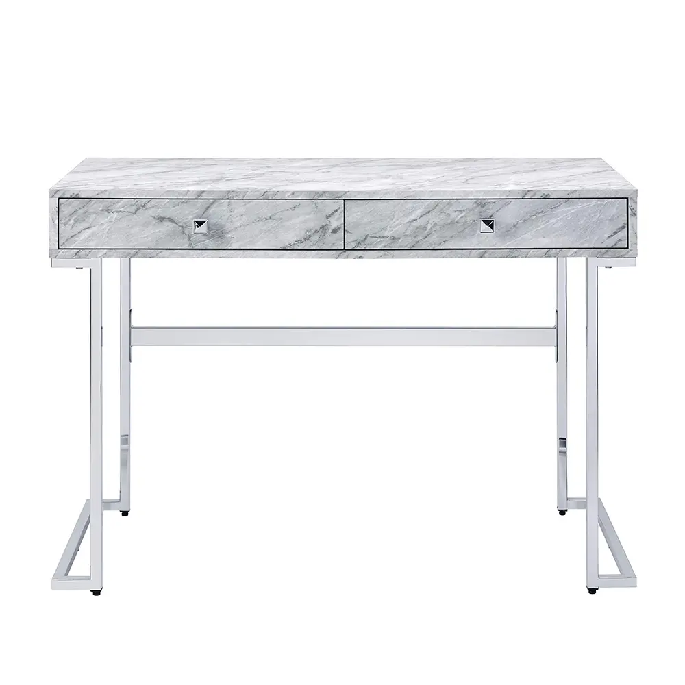 Modern Simple Style PC Table, Study Writing Table, Home Office Desk with 2 Drawers for Bedroom, White Printed Faux Marble & Chrome Finish