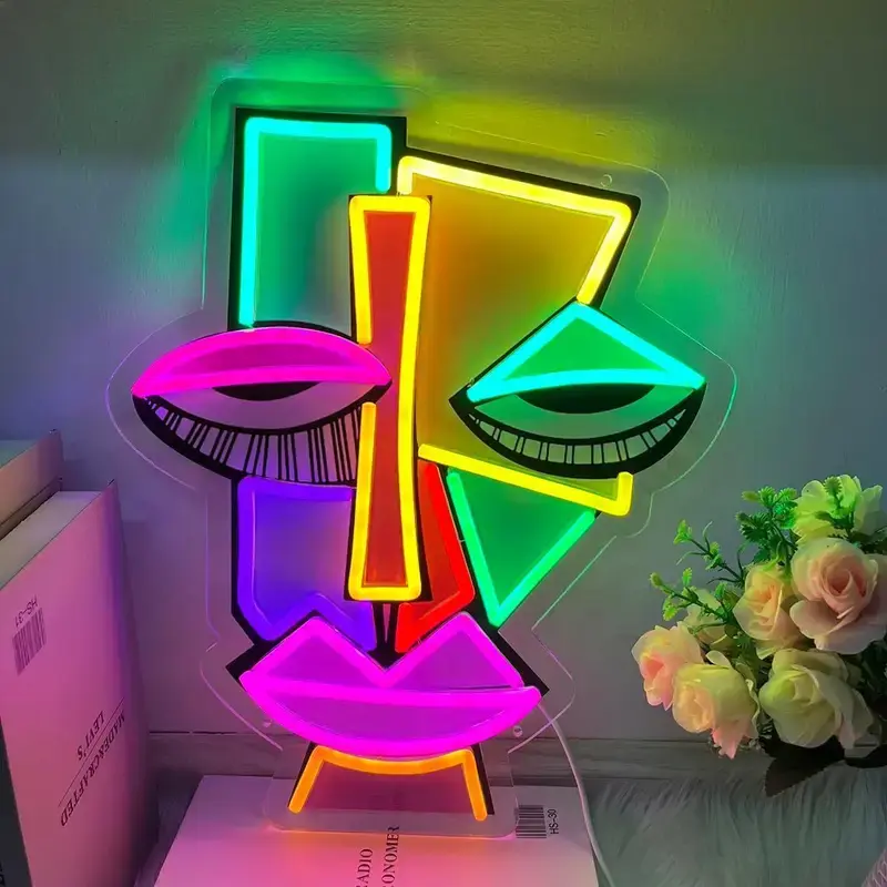 LED Backlit Abstract Art Face Mask Night Light - USB Powered Mood Lighting, Unique Decor, Cool Stuff for Room, Home Accessory for Bedroom Decor, Wall Decor