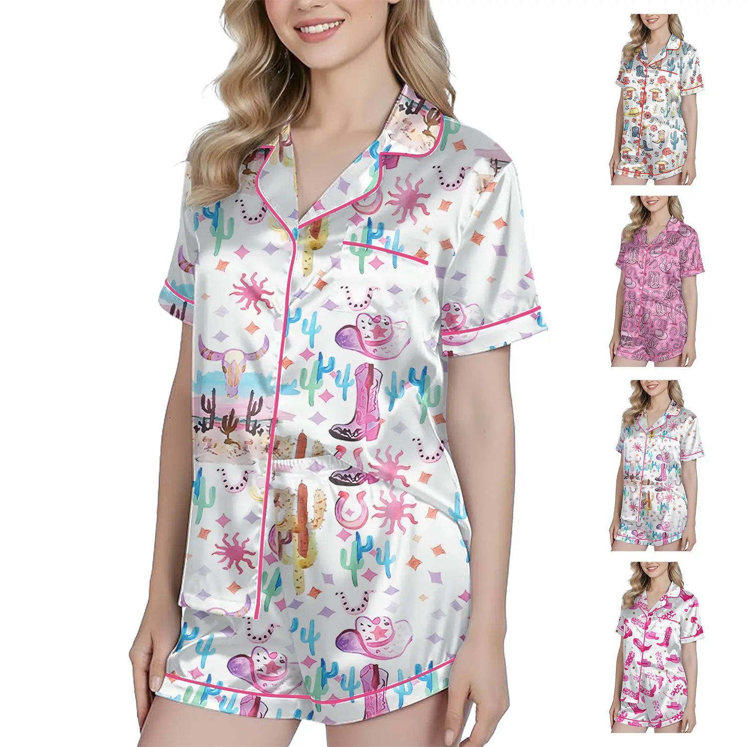 Women's 2-Piece Silky Comfortable Satin Pajama Set - Cute Elegant Short-Sleeve Cowboy Boots Print Top, Lightweight Breathable Sleepwear Loungewear, Smooth, Feminine, Shortsleeve, Lady, Casual, Pjm_cowboy Boots01, Soft, Pyjamas, Cute Sets For Women, Pj Set