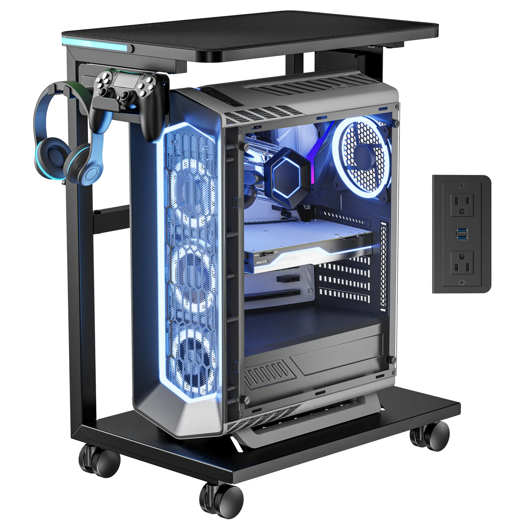 ARES WING RGB Adjustable PC Tower Stand with Outlets, Mobile CPU Cart (21.65"-33.5" H), Locking Caster Wheels, Under Desk Placement, LED Lighting, for Home Office Gaming, Pc Towers