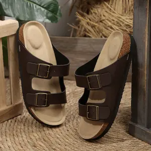 Women's Sandals Thick Cork Sole wiht Double Buckle Slides Adjustable Strap Sandals for Summer Beach Slippers