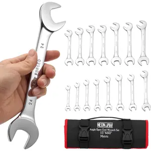 15-Piece Angle Head Open End Wrench Set with Roll-up Metric 10mm, 11mm, 12mm, 13mm, 14mm, 15mm, 16mm, 17mm, 18mm, 19mm, 20mm, 21mm, 22mm, 23mm, 24 mm, Perfect for Repair