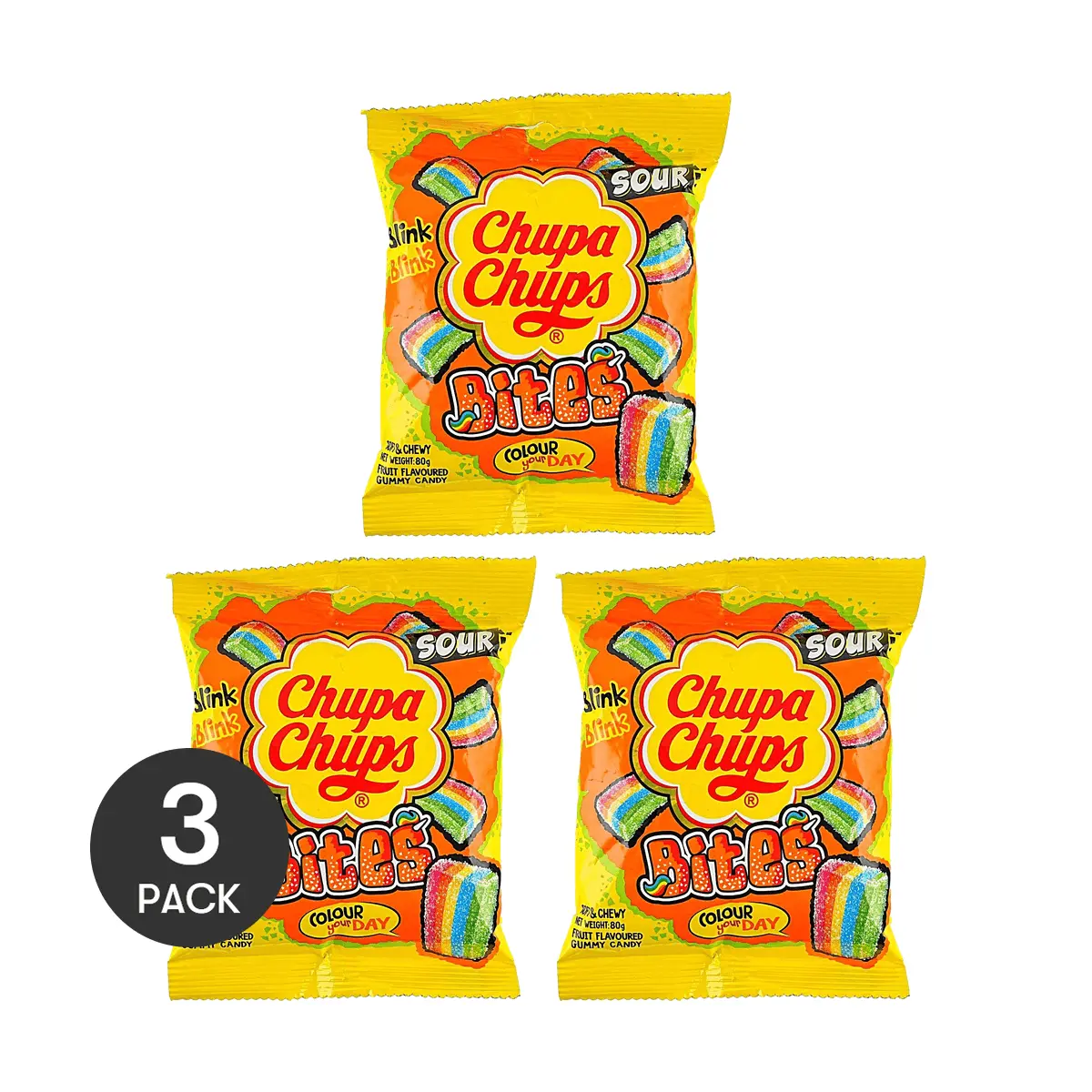 3 Pack Chupa Chups Sour Bites Mixed Fruit Gummy Candy 2.82 oz Each - Tangy Chewy Colorful Snack
