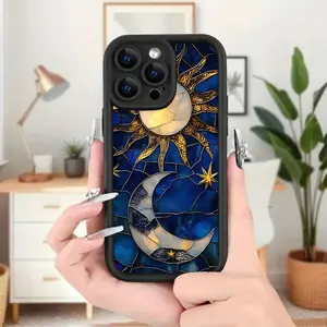 A retro patchwork phone case with moon and sun patterns, suitable for iPhone 17 Air/16 Plus/15 Pro Max/14 Pro/13/12/11/XS Max/X phone case, perfect for holiday gifts for family, friends, lovers, boyfriends, girlfriends, best choice TY227