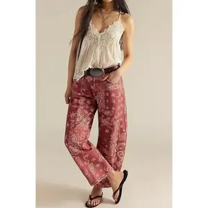 Women’s boyfriend baggy barrel jeans, floral print denim ankle pants, wide-leg mid-rise jeans, sweatpants, Y2K patchwork