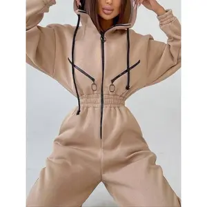 Women's Solid Drop Shoulder Drawstring Hooded Jumpsuit, Casual Long Sleeve Zipper Jumpsuit for Daily Wear, Ladies Clothes for All Seasons Can be used with raincoat