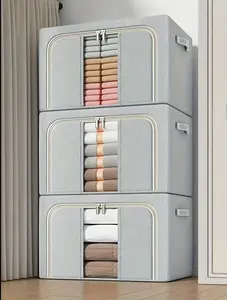 3-pcs Steel-frame Stackable Storage Boxes. Featured with clear viewing window and zippered lid, it offers large storage space. Equipped with reinforced zippers and sturdy handles, this compact organizer easily holds clothes and bedding.