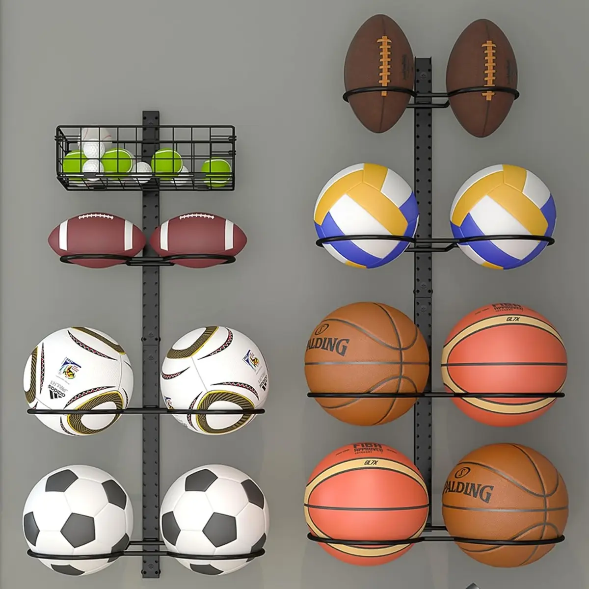 Detachable Wall-Mounted Basketball Rack, Vertical/Horizontal Football Holder, Holds 14 Balls, DIY 1/2/3/4 Soccer Stand, Height-Adjustable Ball Rack with Basket for Garage, Tool Room