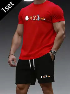 Men's T-shirt and shorts set printed with patterns of eggs, chicken legs, fish and hamburgers, short-sleeve shirt set, casual sports and fitness wear.