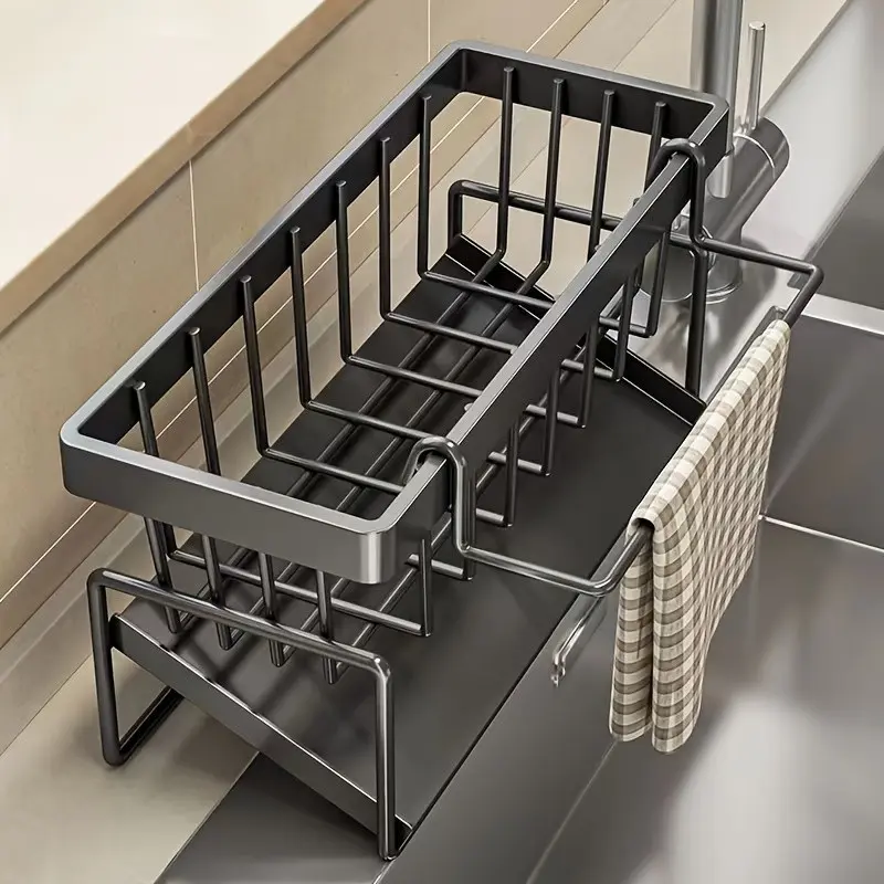 Sink Organizer Tray with Sponge Holder, Stainless Steel Dish Storage Rack, Soap Cloth Brush Holder, Countertop Organizer, Dish Racks, Kitchen Accessories