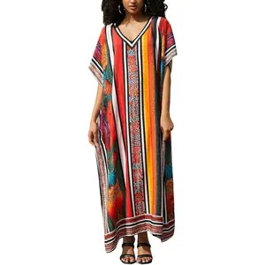2026 new Women's V-Neck Batwing Sleeve Kaftan Dress Lightweight Beach Swimwear Cover Up for Mumu Tropical Vacation One Size