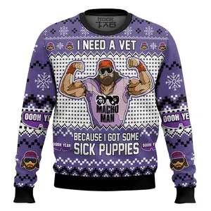 Sick Puppies Macho Man  Ugly Sweater Retro Trendy Ugly Sweater, Sweater Lover Gift For Dad Gift For Mom Outfit For Family Holiday