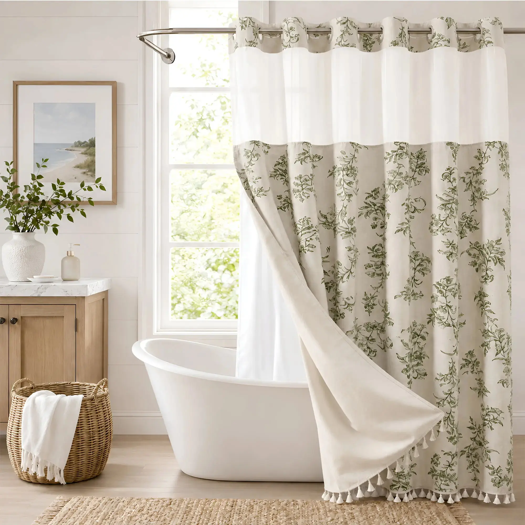 No-Hook Floral Faux Cotton Linen Shower Curtain with Snap-in Fabric Liner Set, Tassels & Sheer Window, Washable White Outer Cloth, Modern Bathroom Accessory for Home/Hotel/Salon/Dorm, 72x75 Inch