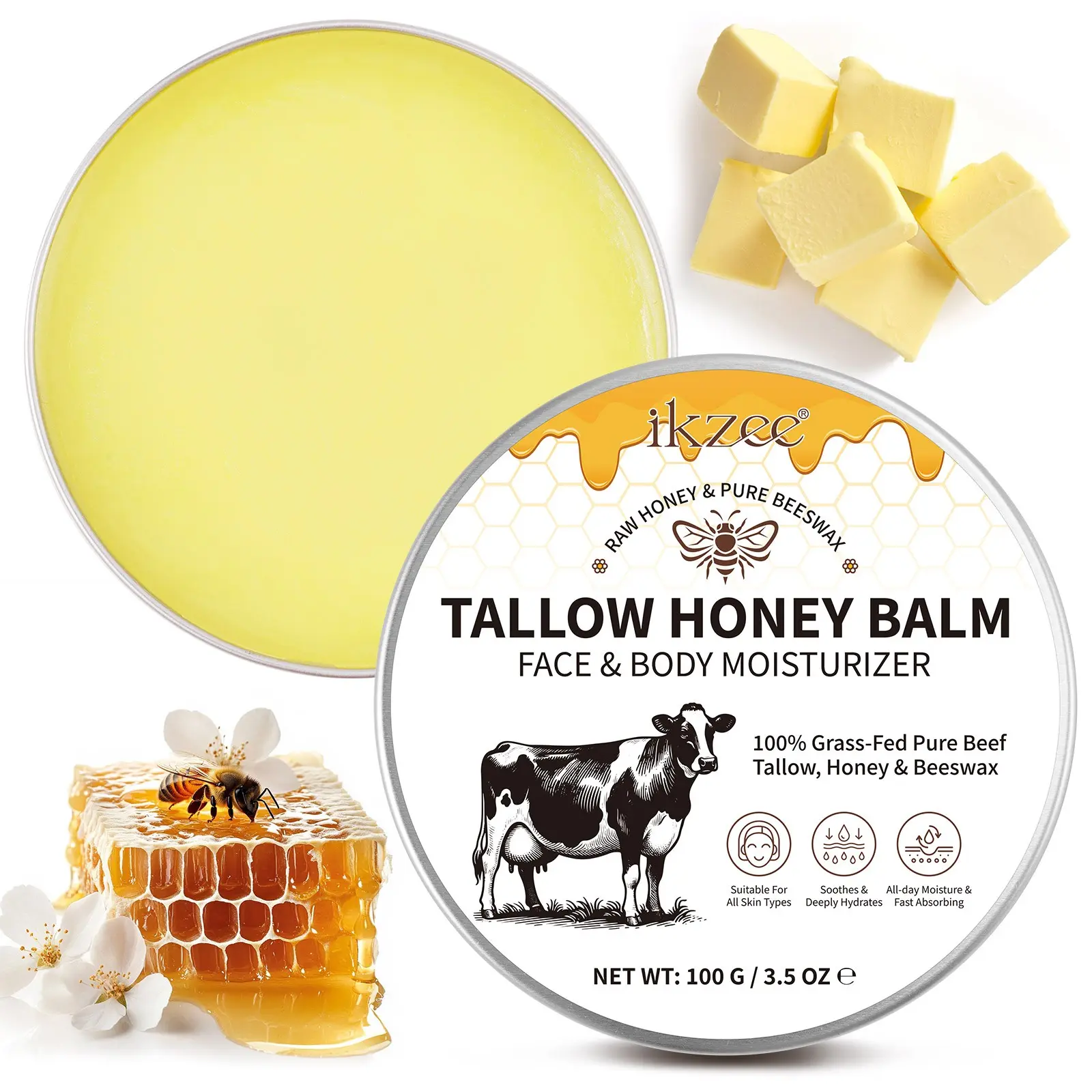 Ikzee Organic Grass-Fed Beef Tallow Balm with Natural Honey 100g, Hydrating Cream for Soft Smooth Skin, Handmade All-Natural Moisturizer
