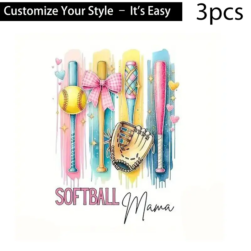 3pcs Softball Mama DIY Heat Transfer Vinyl Stickers, High-Quality Anti-Fade Iron-On Decals for T-Shirts, Pillows, Backpacks - Multi-Color Durable Washable PVC Decorative Stickers