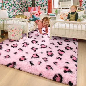 [Year End Sale] Modern leopard print 4x6ft pink-black khaki rectangular long-pile soft Western indoor decor fluffy area rug