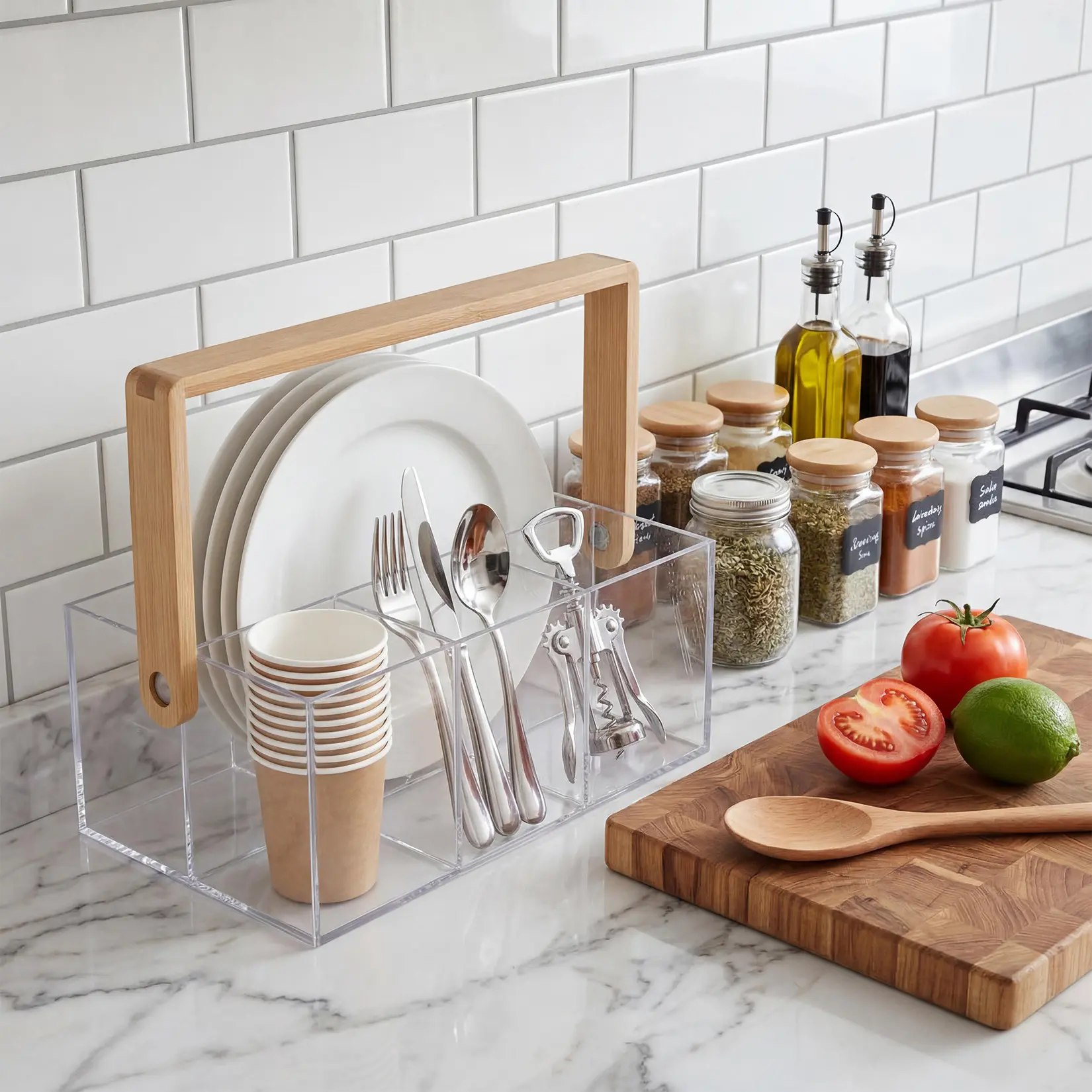 Clear Acrylic Utensil Caddy with Handle, 4-Compartment Silverware Holder for Forks, Spoons, Knives & Plates, Portable Kitchen Organizer Caddy for Countertop BBQ Buffet Parties, Dining Storage Container