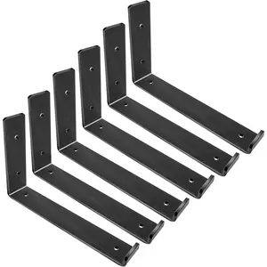 Shelf Brackets 8 Inch, Heavy Duty Black Metal Floating Shelf Bracket, Rustic Farmhouse Decorative Iron L Bracket with Lip/Hook, J Brackets Wall Angel Corner Brace for  Shelves - 6 Pack