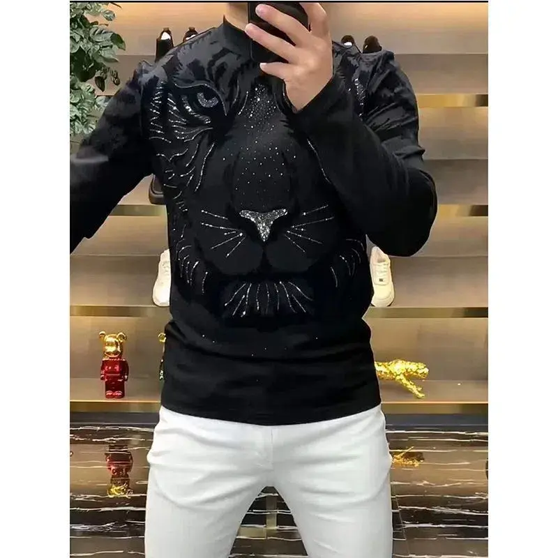 Autumn New Men's High-End Tiger Head Sweatshirt Retro Fashion Round Neck Base Shirt Long Sleeve T-Shirt