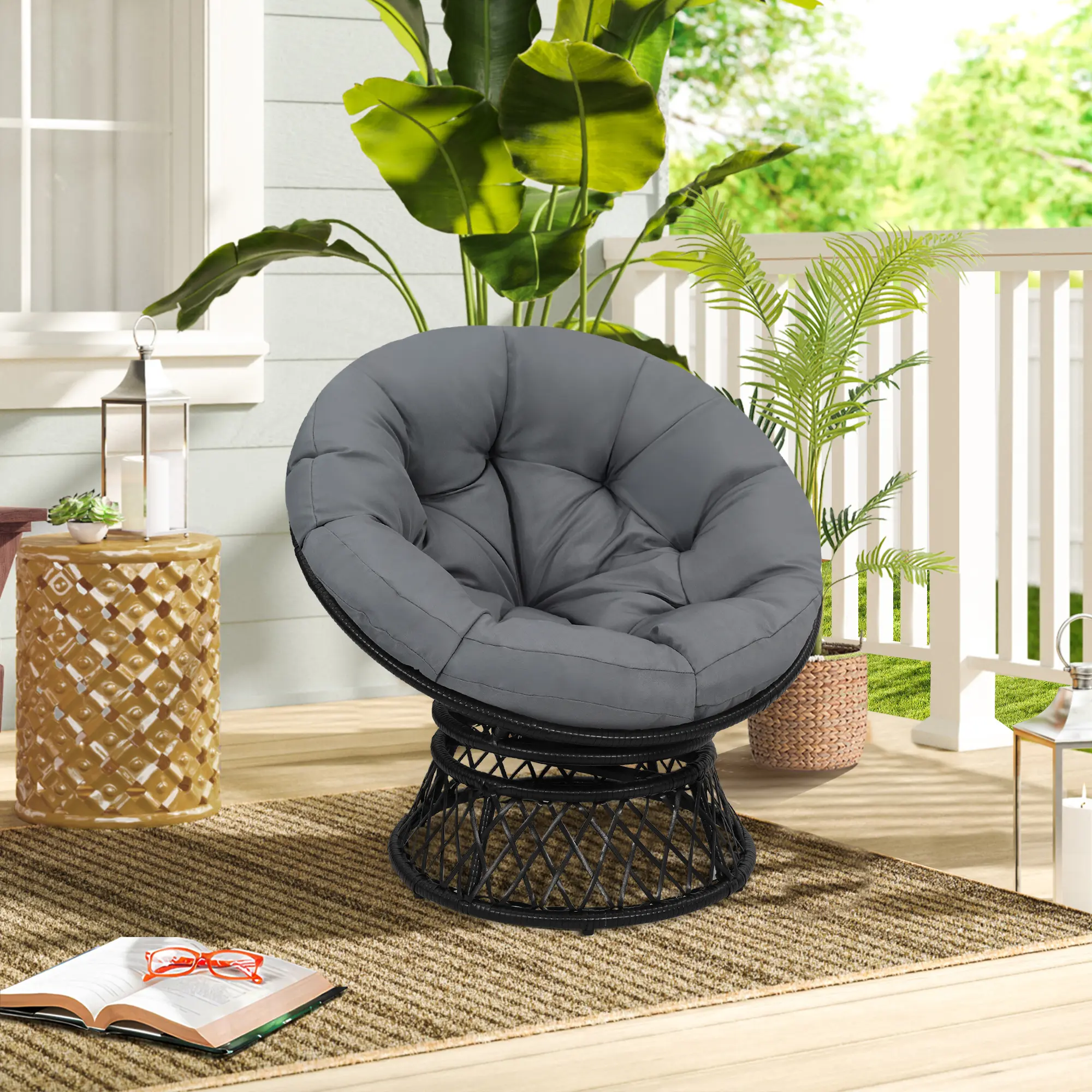 40-in Rattan Wicker Papasan Swing Chair - 360° Swivel Outdoor Patio Swing Seat with Thick Cushion for Garden, Porch summerwins