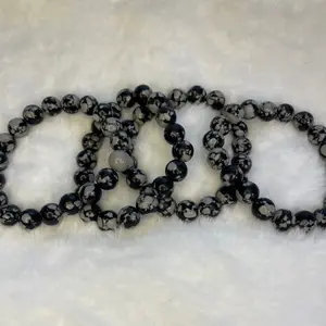 Snowflake Obsidian 10mm Sphere Bracelet - Black Beads with Obsidian Center, Unique Design, Elegant and Versatile Accessory