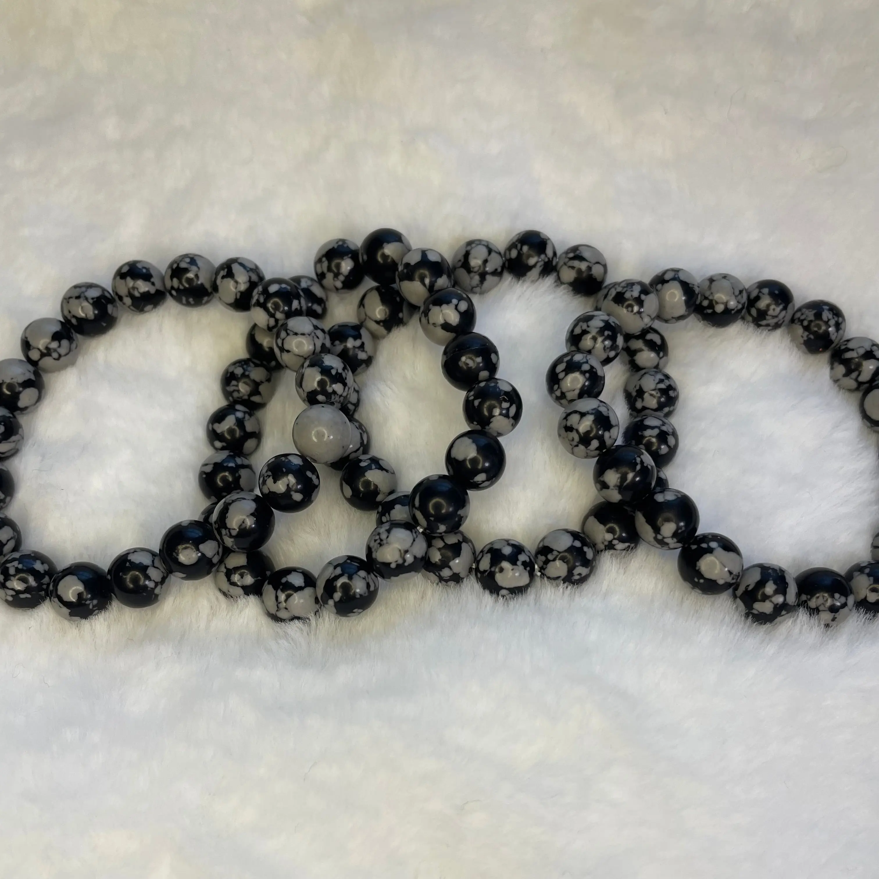 Snowflake Obsidian 10mm Sphere Bracelet - Black Beads with Obsidian Center, Unique Design, Elegant and Versatile Accessory
