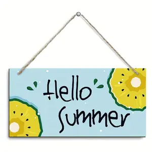 Wooden Hanging Sign Welcome Summer Cartoon Pineapple Pattern Fresh Fruit Blue Wood Decor for Porch Front Door Garden Decoration