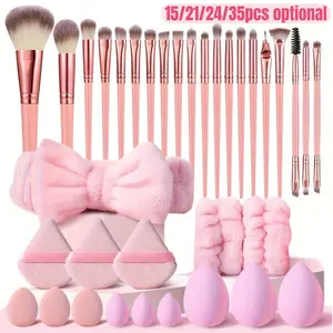 Makeup Tool Set, Makeup Brushes Kits, 15/35 Piece Kit Includes 20 + 3 Beauty Sponges + 3 Triangle Powder Puffs + More, Suitable for All Skin Types, Pink, Makeup Accessories
