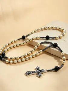 Vintage Heart Cross Pendant Necklace, Beaded Long Sweater Chain, Fashionable Daily Wear Accessory, Unique Bead Design