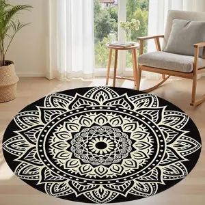Mandala Pattern Round Rug for Living Room, 3Ft Round Washable Rug, Small Circle Kitchen Area Rugs, Non Slip Low Pile Circular Rugs, Soft Round Carpet for Bedroom, Office, Kitchen Entryway, Bathroom