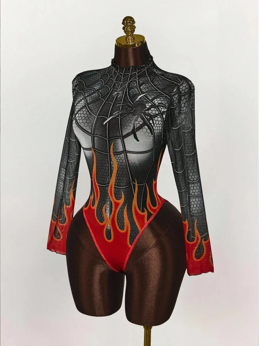 Women's Polyester Spider & Flame Print Long Sleeve Stand Collar Bodysuit - Fashion Clothes, Halloween Costume Party Outfit Tee with Durable Fabric, Sheer, Casual, Long Sleeve Fitted Bodysuits, Tight-Fitting Bodysuits