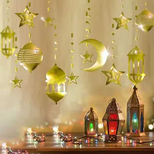 8pcs Mirror Gold Paper String Pull Flowers, Ramadan Hanging Decorations, Shiny Star Moon Lanterns, Home Party Decoration, Hanging Ornaments