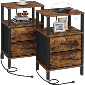 End Table with Charging Station, Side Table with 2 USB Ports and Outlets, Nightstand with Cloth Drawer, Set of 2, Couch Table